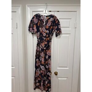 Gianni Bini Navy Floral Wide Leg Jumpsuit Flutter Sleeve Faux Wrap Size 4
